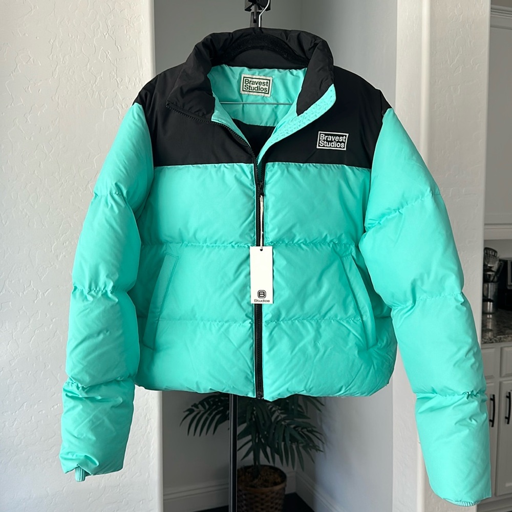 BRAVEST STUDIO PUFFER JACKET TEAL & BLACK DOWN FEATHER SIZE SMALL FULL ZIP UP